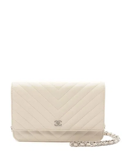 Pre-owned Chanel 2021 Chevron Chain Wallet In Neutrals