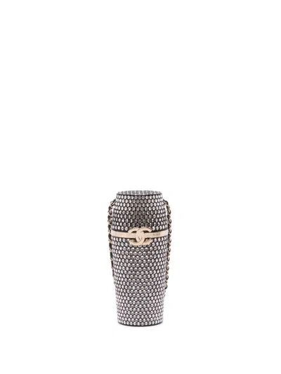 Pre-owned Chanel 2021 Crystal Lipstick Case On Chain Vanity Bag In Black