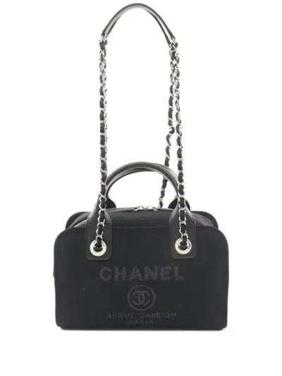 Pre-owned Chanel 2021 Deauville Bowling Shoulder Bag In Black