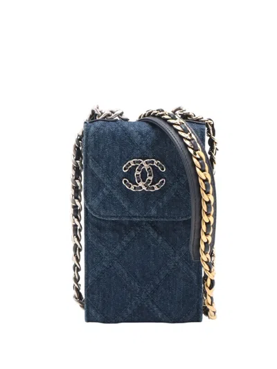 Pre-owned Chanel 2021 Denim 19 Phone Holder With Chain Satchel In Blue