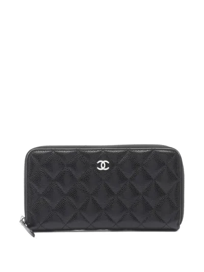 Pre-owned Chanel 2021 Diamond-quilting Zip Wallet In Black