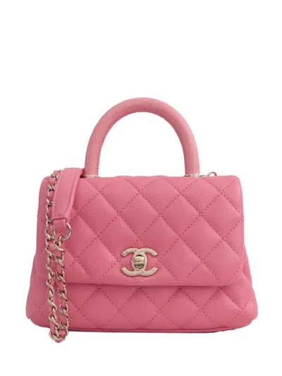 Pre-owned Chanel 2021 Extra Mini Caviar And Lizard Embossed Coco Top Handle Bag Satchel In Pink