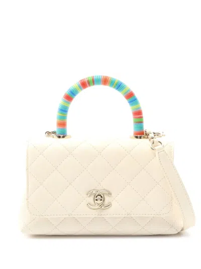 Pre-owned Chanel 2021 Extra Mini Quilted Goatskin Rainbow Coco Top Handle Bag Satchel In White
