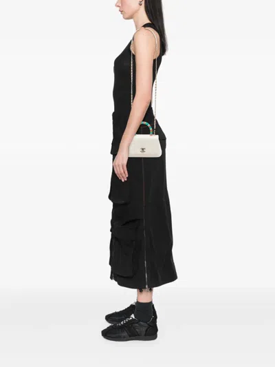 Pre-owned Chanel 2021 Extra Mini Quilted Goatskin Rainbow Top Handle Flap Satchel In White