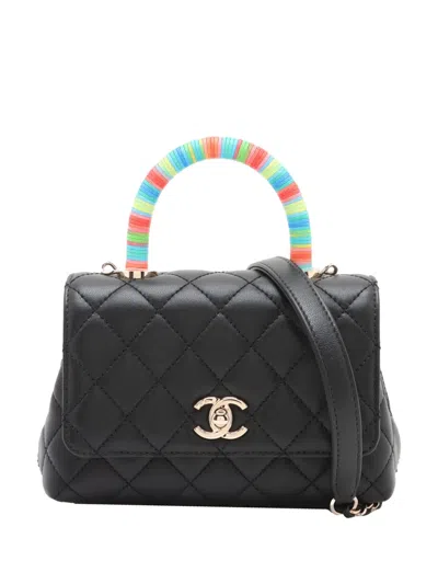 Pre-owned Chanel 2021 Extra Mini Quilted Lambskin Rainbow Coco Top Handle Bag Satchel In Black