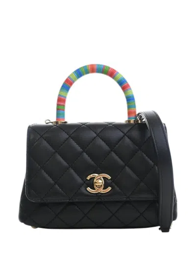 Pre-owned Chanel 2021 Extra Mini Quilted Lambskin Rainbow Coco Top Handle Bag Satchel In Black