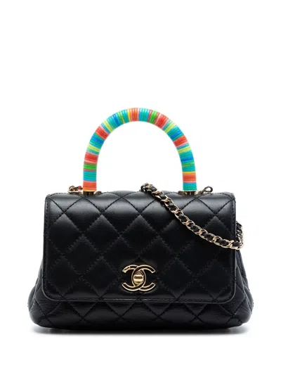 Pre-owned Chanel 2021 Extra Mini Quilted Lambskin Rainbow Coco Top Handle Bag Satchel In Black
