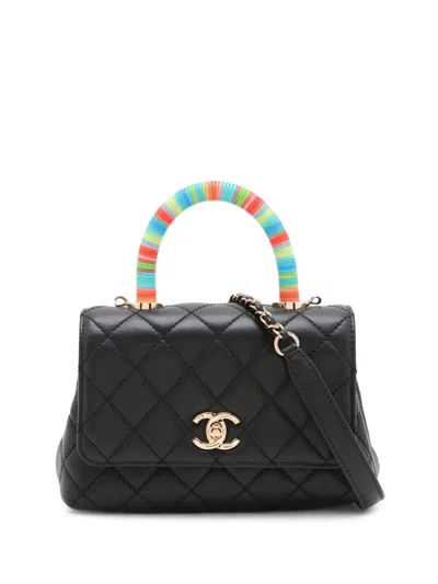 Pre-owned Chanel 2021 Extra Mini Quilted Lambskin Rainbow Coco Top Handle Bag Satchel In Black
