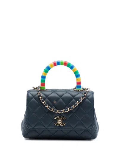 Pre-owned Chanel 2021 Extra Mini Quilted Lambskin Rainbow Coco Top Handle Bag Satchel In Blue