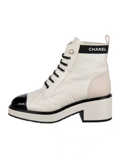 Pre-owned Chanel 2021 Faux Pearl Accents Combat Boots In Neutrals