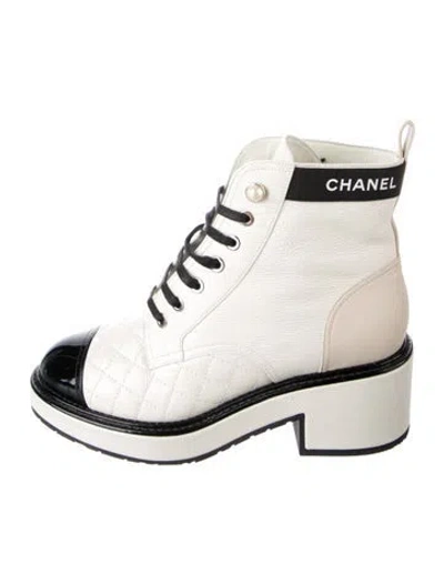 Pre-owned Chanel 2021 Faux Pearl Accents Lace-up Boots In Neutrals