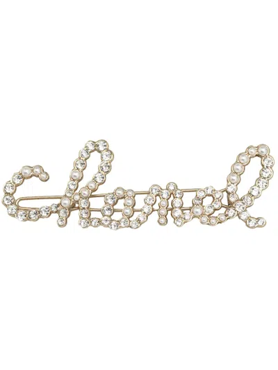 Pre-owned Chanel 2021 Faux-pearl Logo-lettering Hair Barrette In Gold