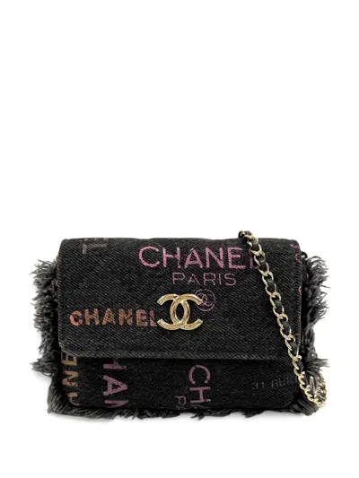 Pre-owned Chanel 2021 Fringe Denim Mood Clutch With Chain Crossbody Bag In Black