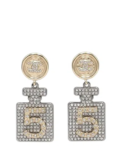 Pre-owned Chanel 2021 Gold Plated And Silver Plated Cc Rhinestone No 5 Perfume Bottle Drop Push Back Earrings Costume