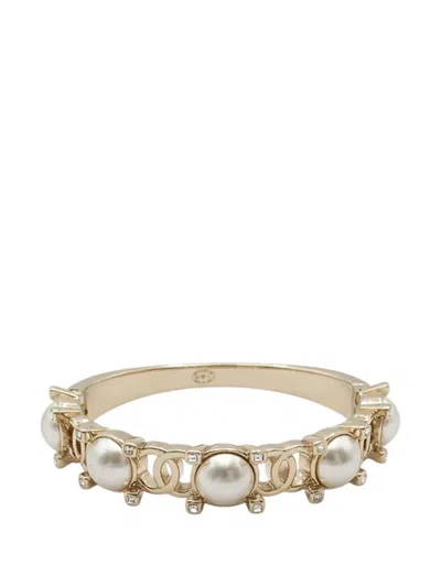 Pre-owned Chanel 2021 Gold Plated Cc Faux Pearl Rhinestone Bangle Costume Bracelet