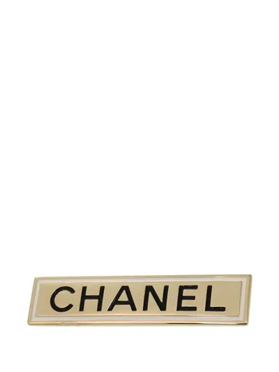Pre-owned Chanel 2021 Gold Plated Logo Plate Brooch Costume Brooch