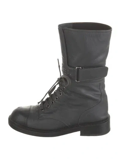 Pre-owned Chanel 2021 Interlocking Cc Logo Combat Boots In Gray