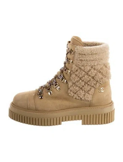Pre-owned Chanel 2021 Interlocking Cc Logo Lace-up Boots In Neutral