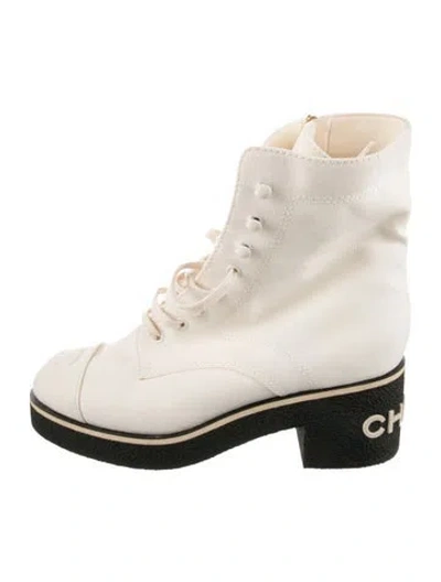 Pre-owned Chanel 2021 Interlocking Cc Logo Lace-up Boots In Neutrals
