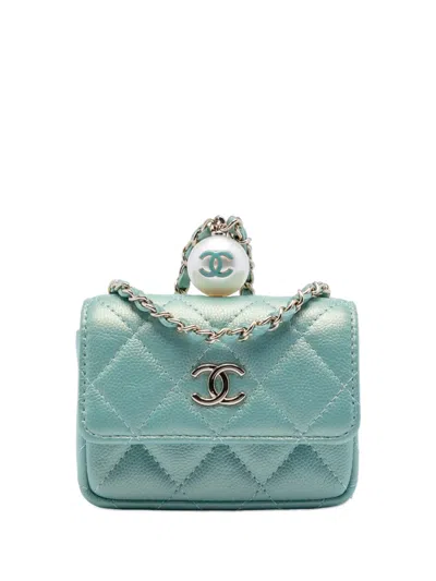 Pre-owned Chanel 2021 Iridescent Caviar Pearl On Top Coin Purse With Chain Crossbody Bag In Green