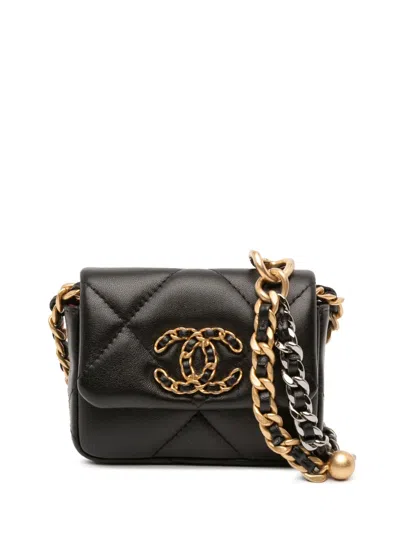 Pre-owned Chanel 2021 Lambskin 19 Flap Coin Purse With Chain Crossbody Bag In Black