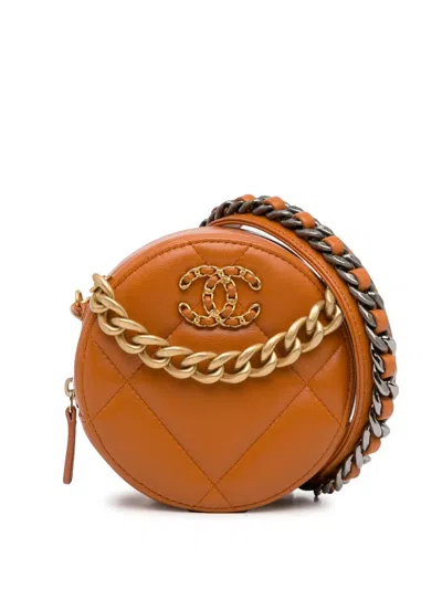 Pre-owned Chanel 2021 Lambskin 19 Round Clutch With Chain Satchel In Brown