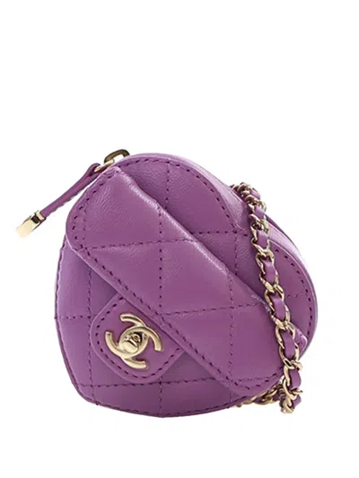 Pre-owned Chanel 2021 Lambskin Cc In Love Heart Necklace Bag Crossbody Bag In Purple