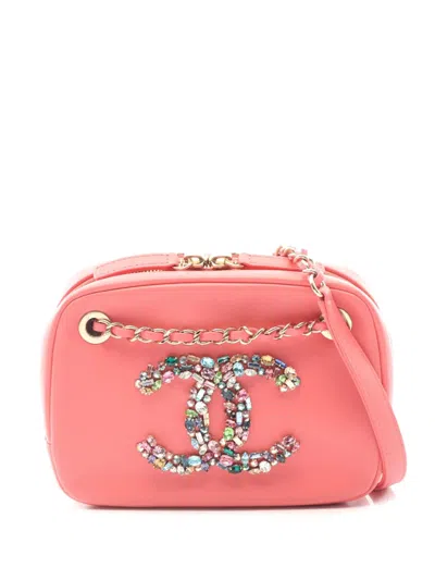 Pre-owned Chanel 2021 Lambskin Giant Crystal Cc Camera Bag Crossbody Bag In Pink