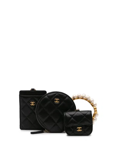 Pre-owned Chanel 2021 Lambskin Pearl Crown Cc Wristlet Multi Pouches Clutch Bag