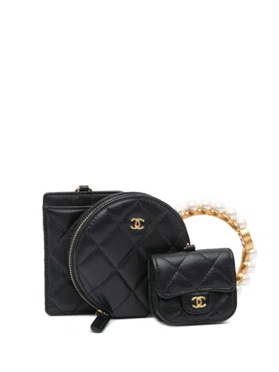 Pre-owned Chanel 2021 Lambskin Pearl Crown Cc Wristlet Multi Pouches Clutch Bag In Black