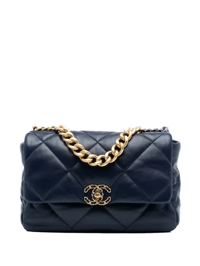 Pre-owned Chanel 2021 Large Lambskin 19 Flap Satchel In Blue
