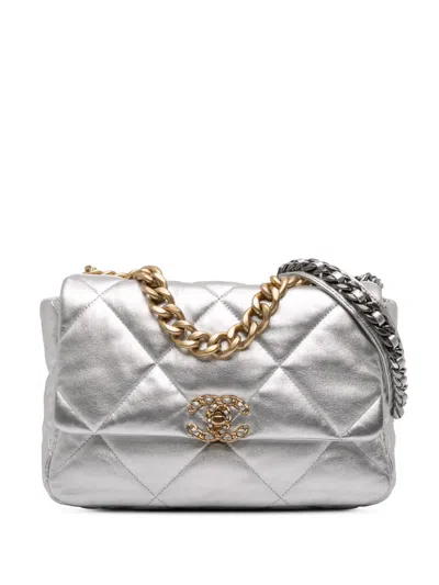 Pre-owned Chanel 2021 Large Metallic Lambskin 19 Flap Satchel In Silver
