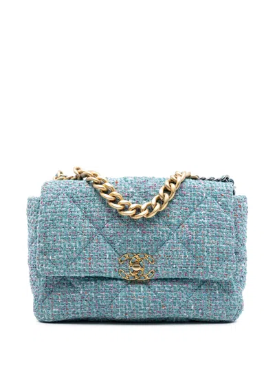Pre-owned Chanel 2021 Large Tweed 19 Flap Satchel In Blue