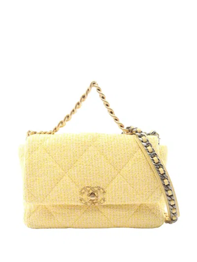 Pre-owned Chanel 2021 Large Tweed 19 Flap Satchel In Yellow