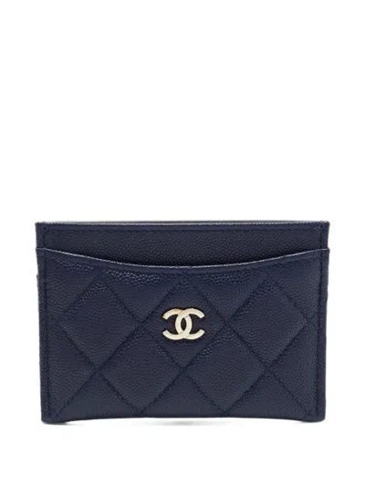 Pre-owned Chanel 2021 Logo-plaque Quilted Card Holder In Blue