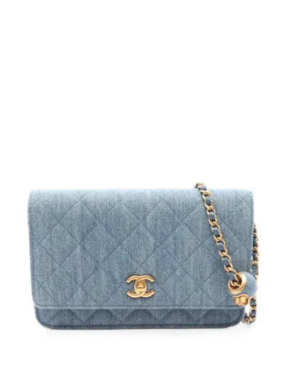 Pre-owned Chanel 2021 Matelassé Chain Wallet In Blue