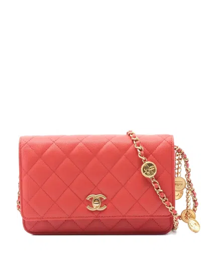 Pre-owned Chanel 2021 Matelassé Chain Wallet Diamond Quilted Clutch Bag In Red