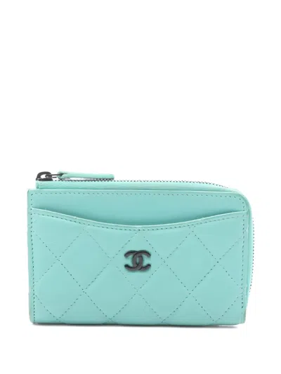 Pre-owned Chanel 2021 Matelassé Fragment Leather Wallet In Blue