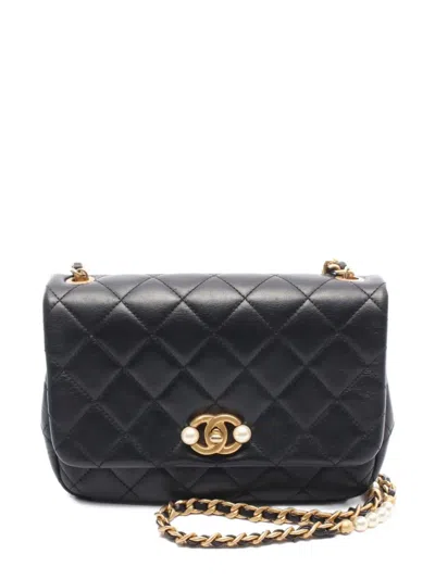 Pre-owned Chanel 2021 Matelassé Pearl-detail Shoulder Bag In Black