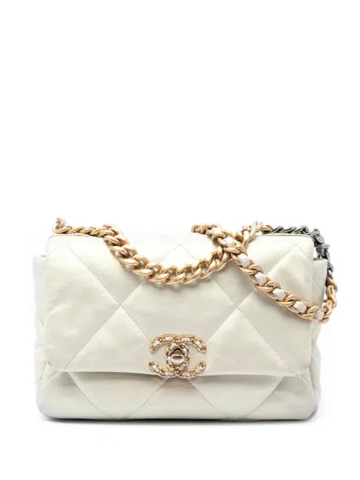 Pre-owned Chanel 2021 Medium Iridescent Lambskin 19 Flap Satchel In White