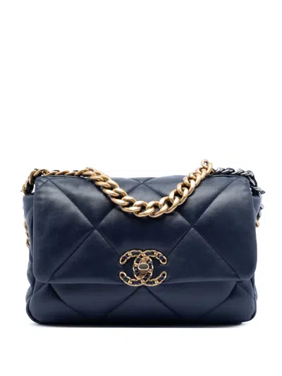 Pre-owned Chanel 2021 Medium Lambskin 19 Flap Satchel In Blue