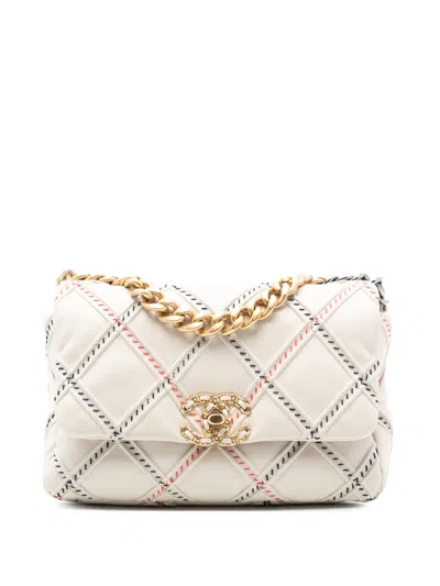 Pre-owned Chanel 2021 Medium Lambskin Stitched 19 Flap Satchel In White