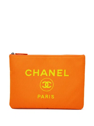 Pre-owned Chanel 2021 Medium Mixed Fiber Deauville O Case Clutch Bag In Orange