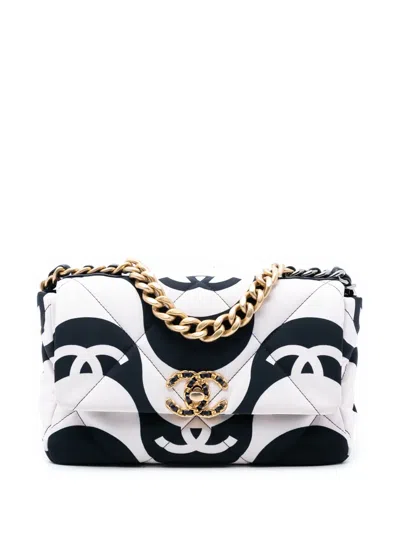 Pre-owned Chanel 2021 Medium Printed Silk 19 Flap Satchel In Black