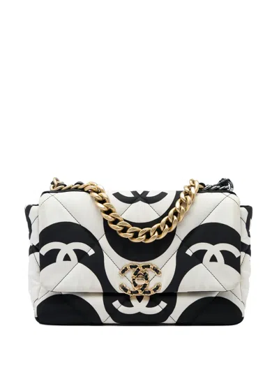 Pre-owned Chanel 2021 Medium Printed Silk 19 Flap Satchel In Black
