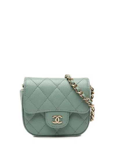 Pre-owned Chanel 2021 Micro Mini Classic Caviar Single Flap Crossbody Bag In Green