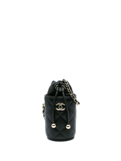 Pre-owned Chanel 2021 Micro Quilted Lambskin Drawstring Bucket Bag Crossbody Bag In Black
