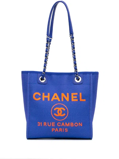 Pre-owned Chanel 2021 Mini Canvas Deauville Tote Bag In Blue