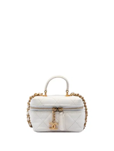Pre-owned Chanel 2021 Mini Caviar Chain Zip Around Vanity Case Satchel In White
