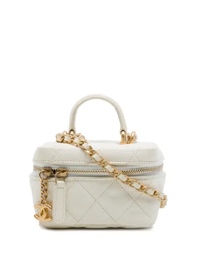 Pre-owned Chanel 2021 Mini Caviar Chain Zip Around Vanity Case Satchel In White